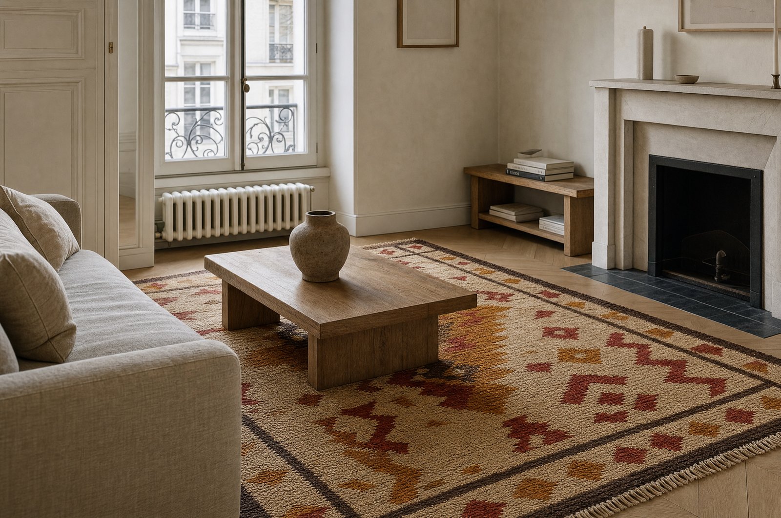 Salon parisien haussmannien, cheminée en pierre claire, fenêtre balcon ferronnerie, sofa lin clair, tapis hanbel devant