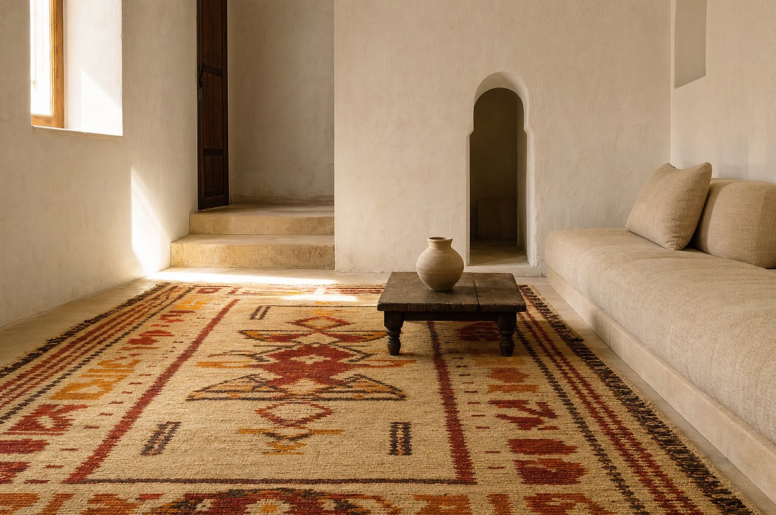 Salon dans une maison mozabite traditionnelle de Ghardaïa, plâtre cream, escalier, porte arquée au fond, banquette en lin, tapis hanbel au sol