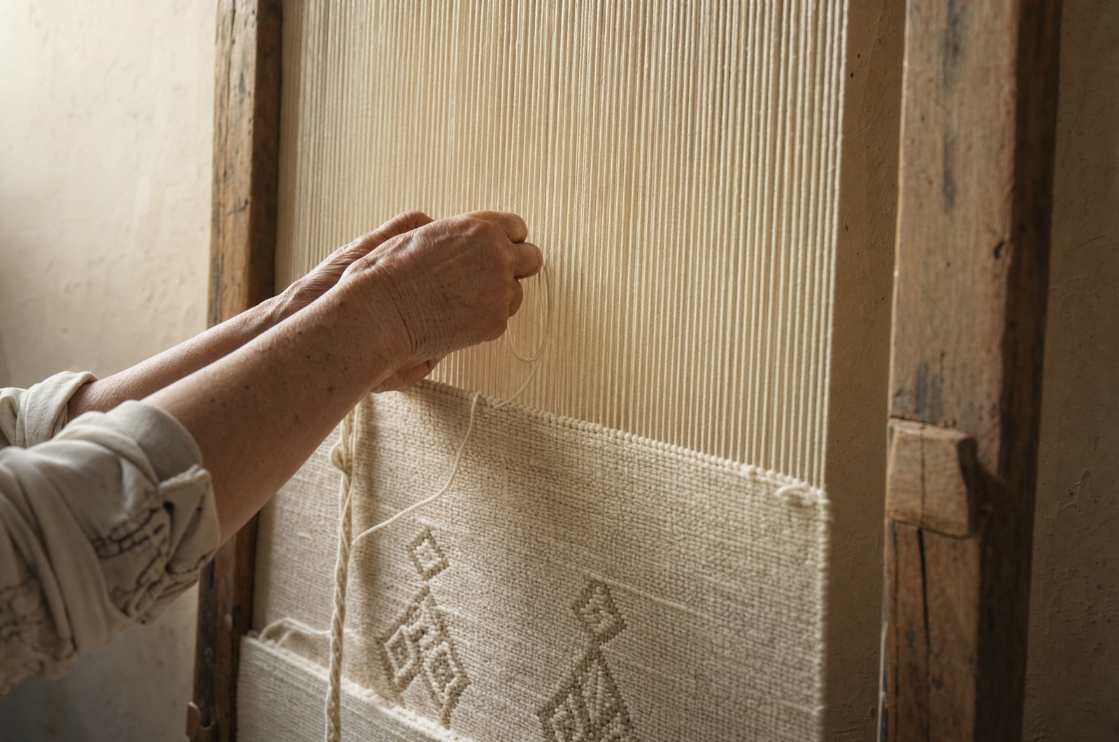 Mains de tisserande au travail sur un métier vertical, fil de laine en cours de tressage, atelier du M'zab en lumière naturelle
