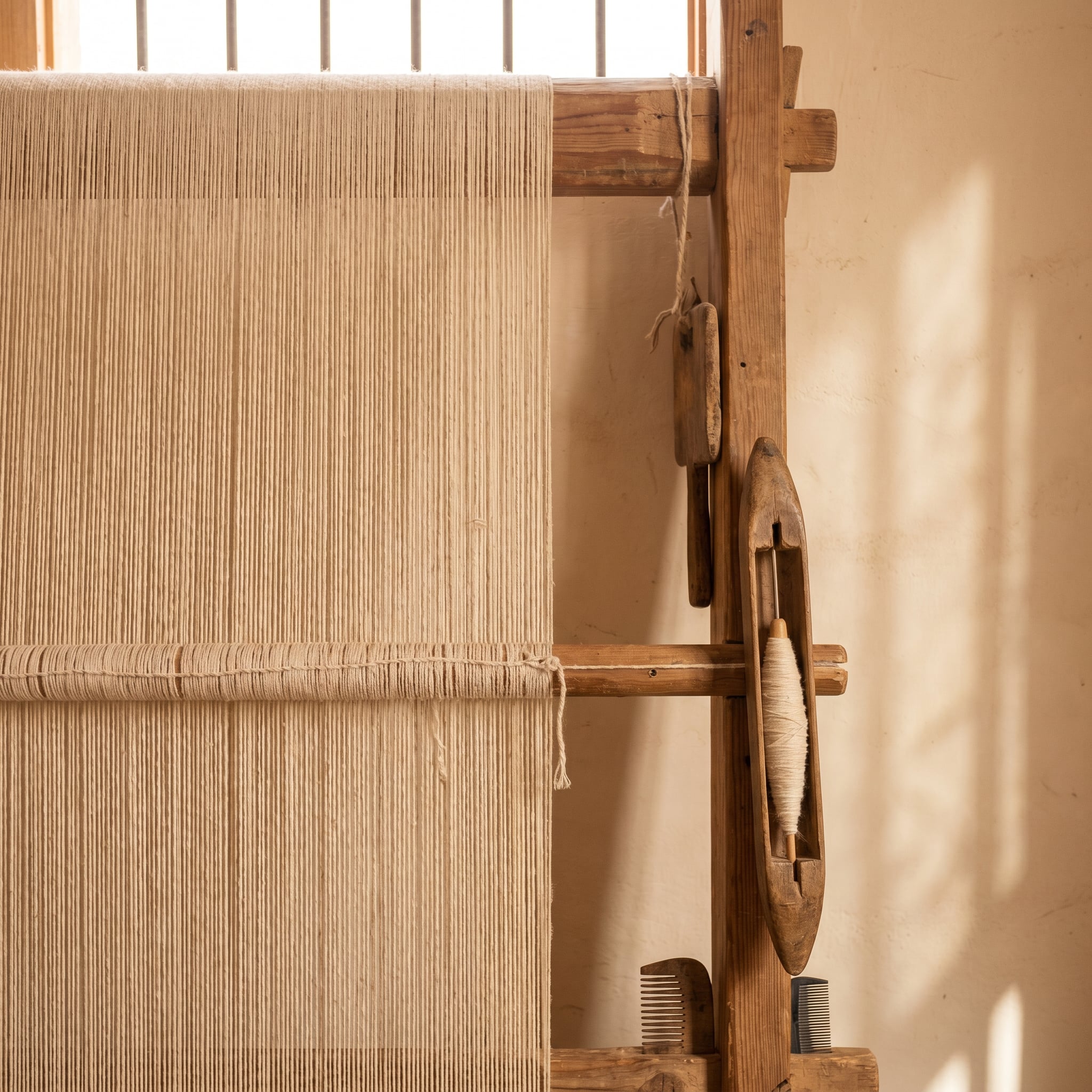 Métier vertical de tissage berbère dans un atelier du M’zab, fils de chaîne tendus en laine écrue, navette en bois posée contre le cadre