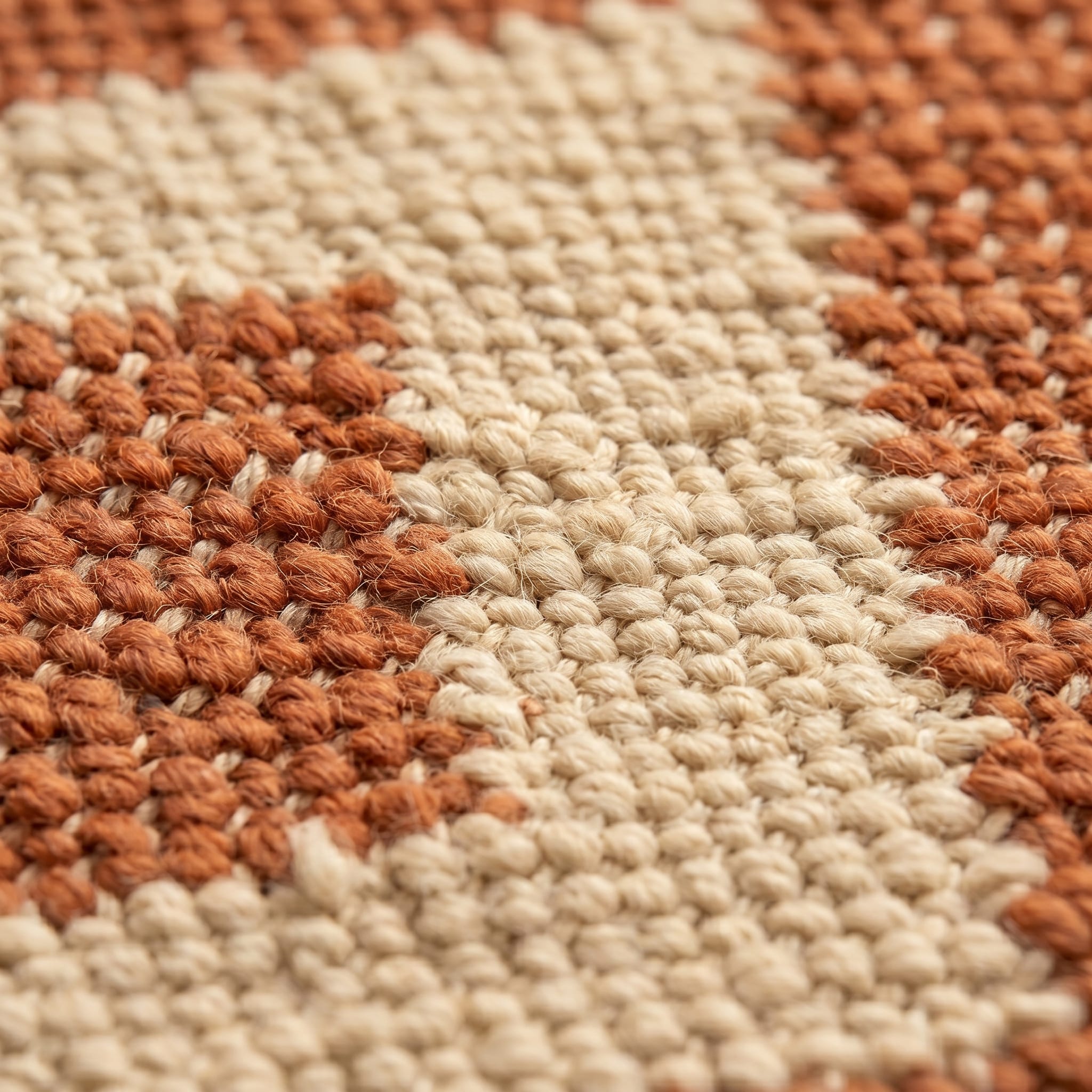 Détail macro de la trame d’un hanbel, nœuds en laine cream et terracotta serrés à la main
