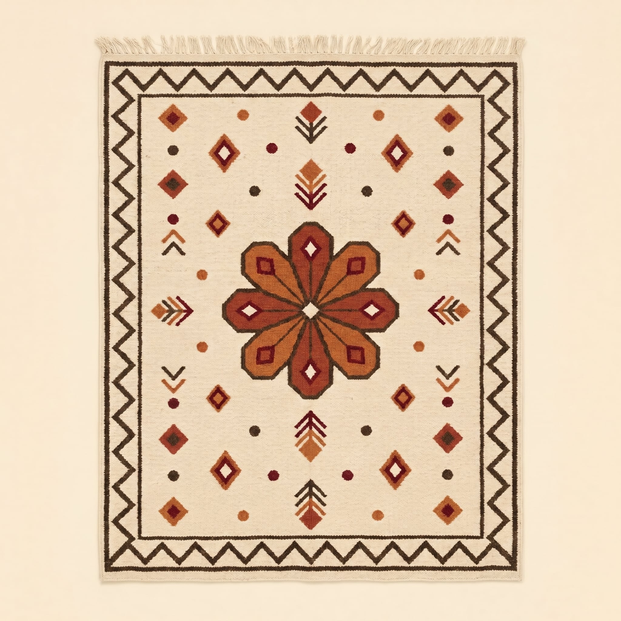 Tapis Anza tissé par Halima à El Atteuf, motifs Médaillon floral & zigzag d'angle